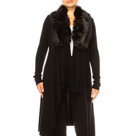 Sioni Faux-Fur Collar Long-Sleeve Cardigan Sweater - Picture 1 of 3